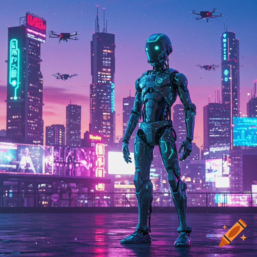 A detailed robot stands on a rooftop overlooking a neon-lit futuristic cityscape at sunset, with drones flying overhead.