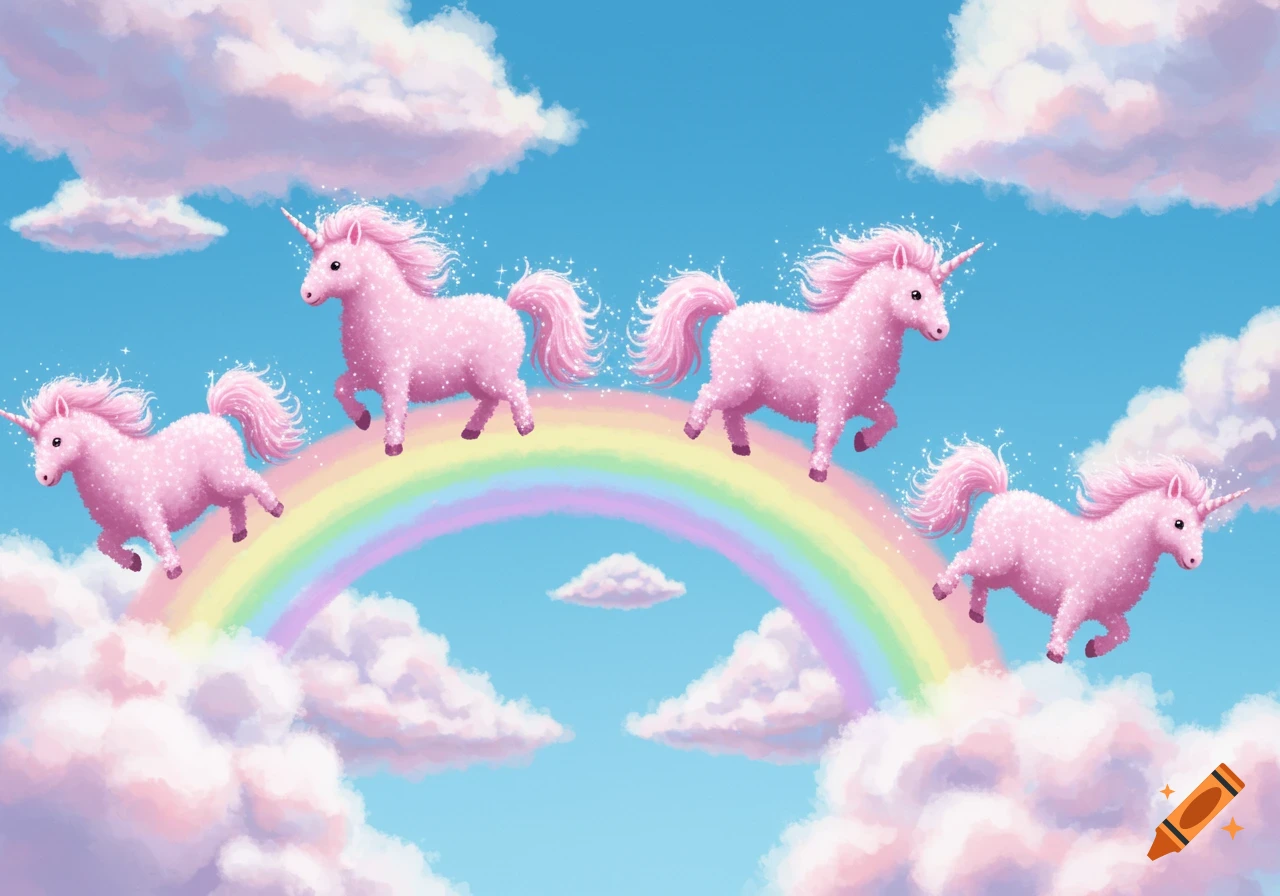 Four sparkling pink fluffy unicorns dance on and around a colorful rainbow in a blue sky with fluffy pink clouds.