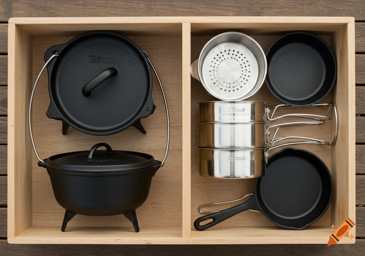 Top-down view of black cast iron and stainless steel cookware neatly arranged inside a wooden box.