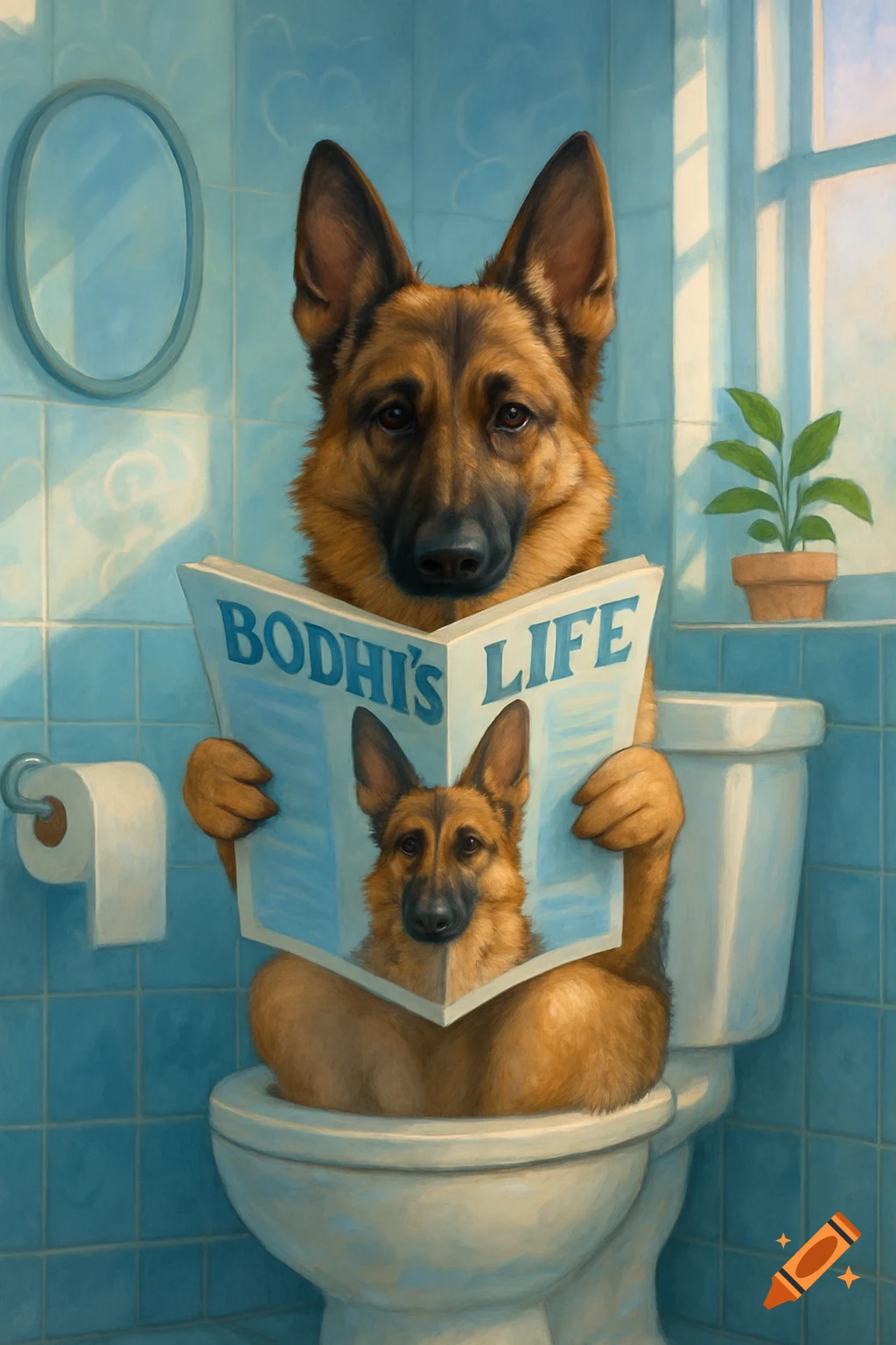 A sable German Shepherd dog sits on a toilet in a light blue bathroom, reading a magazine titled 'Bodhi's Life'.
