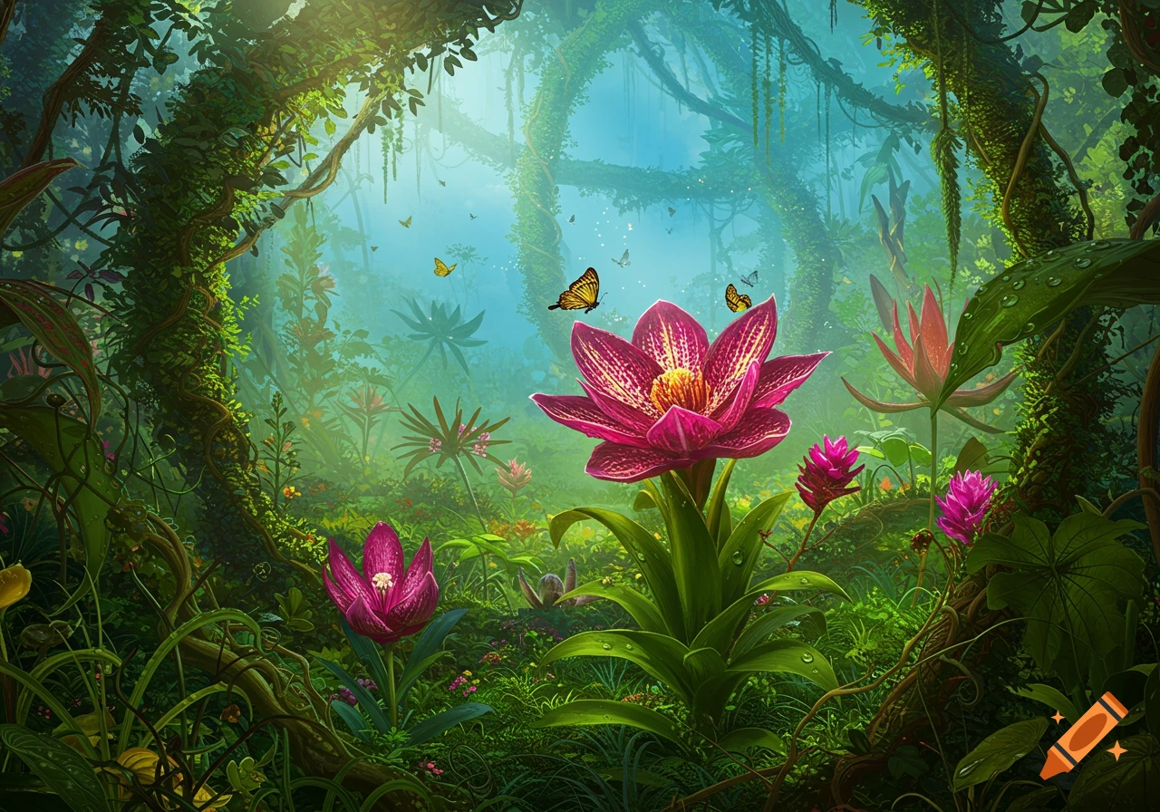 Vibrant stylized jungle scene with lush green foliage, large pink exotic flowers, and yellow butterflies in a sun-dappled clearing.