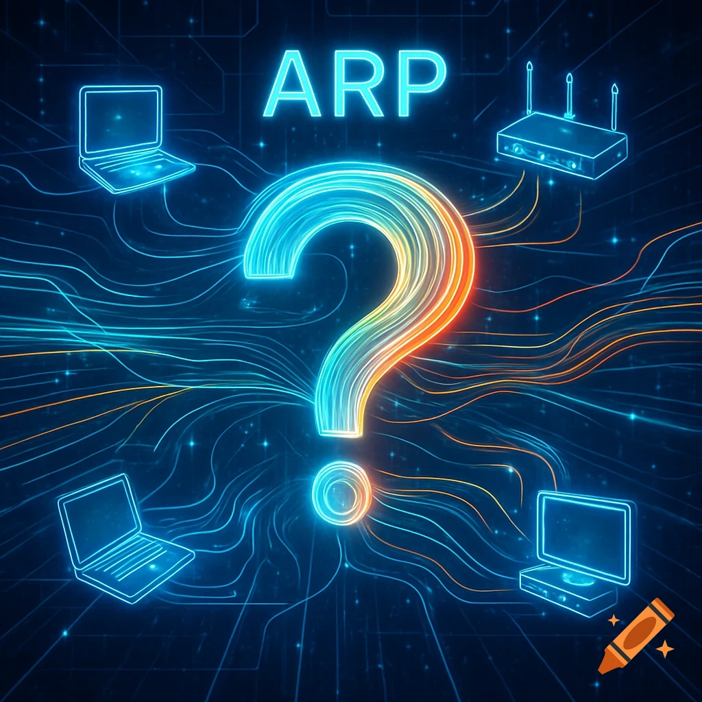 A glowing blue and orange question mark surrounded by glowing wireframe laptops and a router connected by lines, with 'ARP' text above, on a dark blue background.