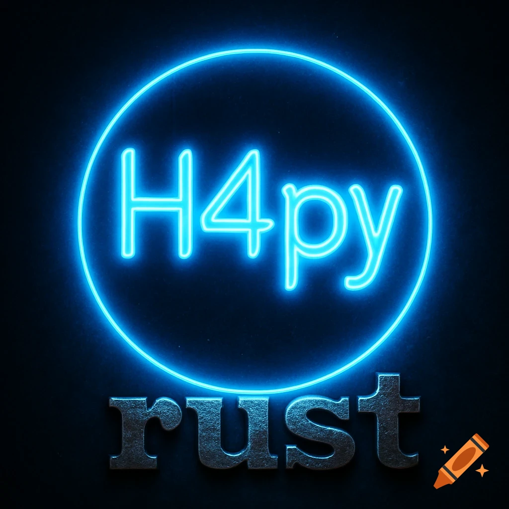 A neon blue circle with 'H4py' inside, above metallic 'rust' letters on a dark background.