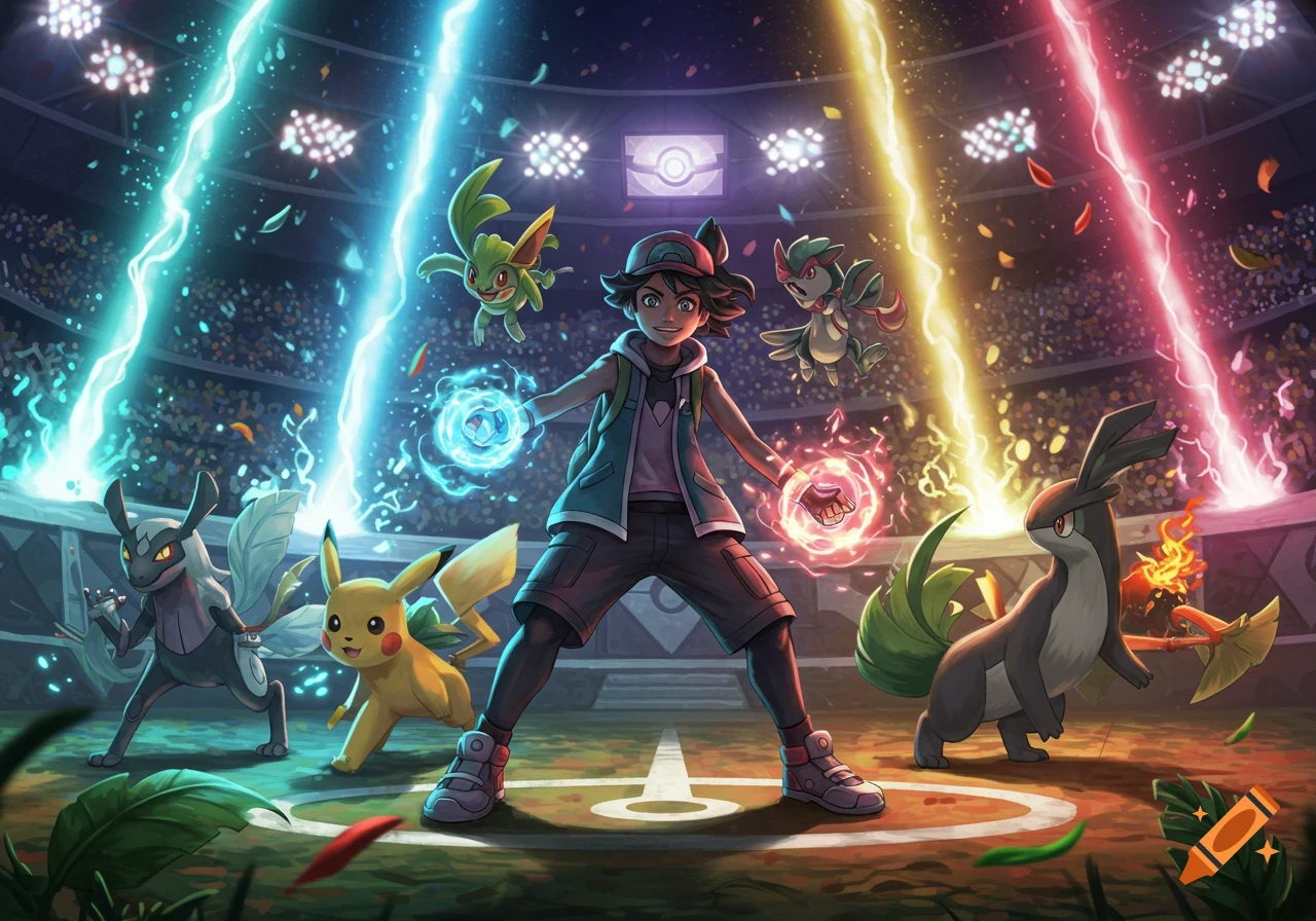 A vibrant anime illustration of a young Pokémon trainer and his team, including Pikachu, in a stadium battle with colorful energy beams.