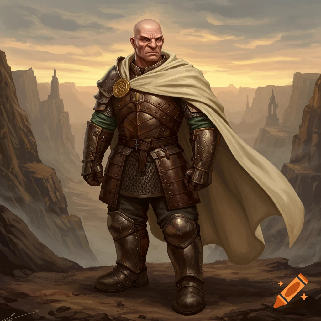 A bald fantasy dwarf in leather armor and a cream cloak stands in a rocky, mountainous landscape under an overcast sky.
