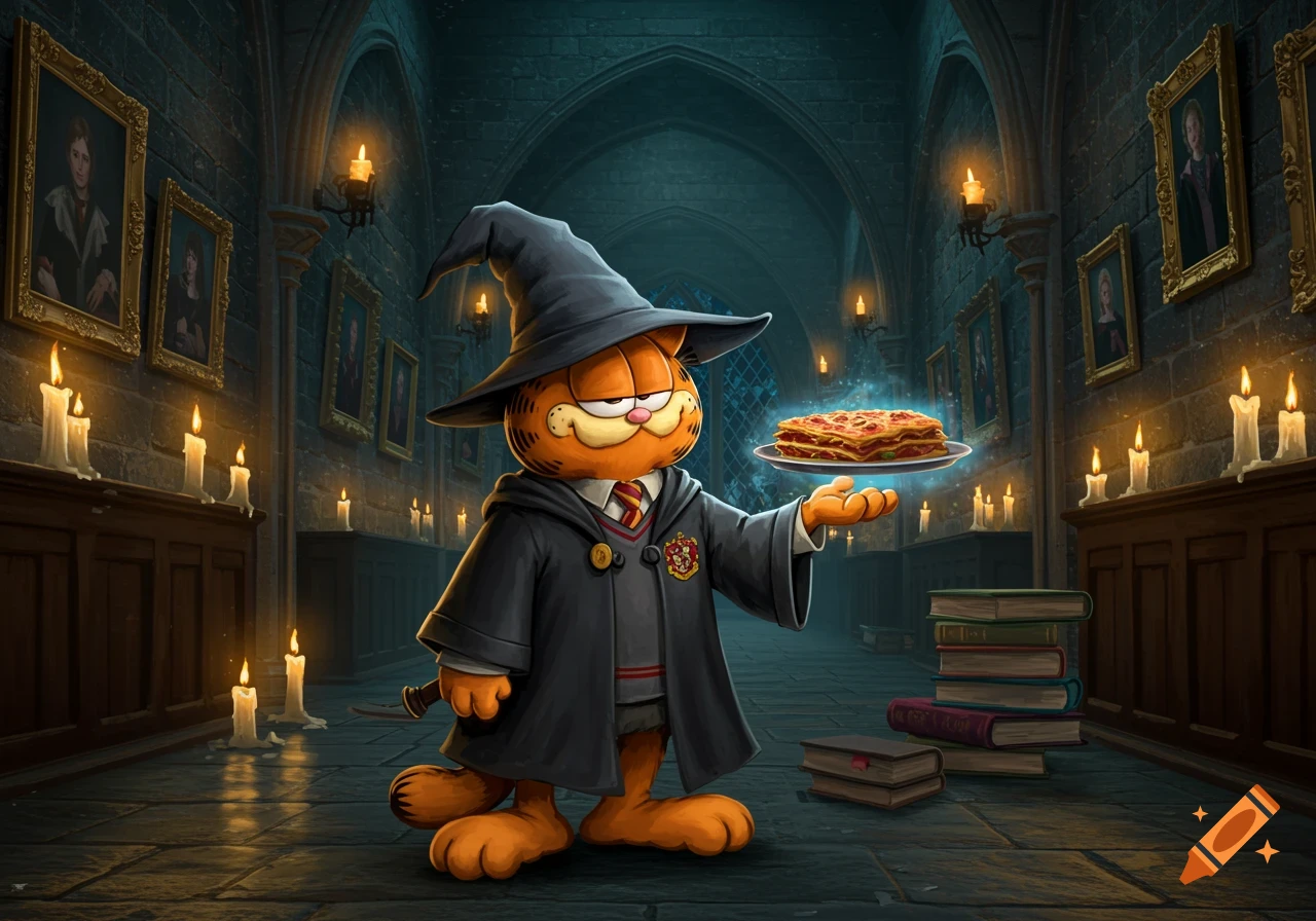 Garfield wearing a wizard hat and robe, holding a floating plate of lasagna in a candlelit stone hallway with portraits, in a cartoon style.