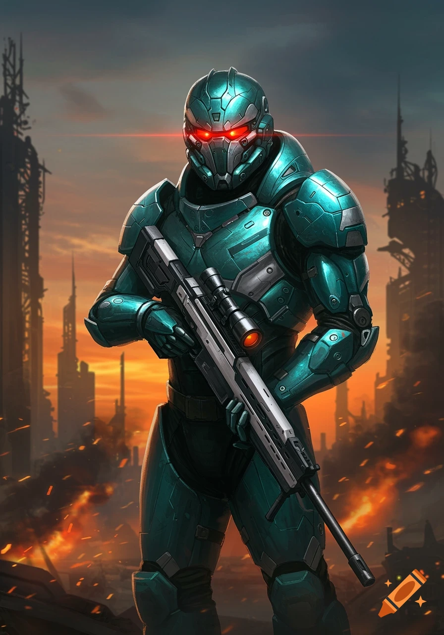 A teal and silver armored super soldier with red glowing lenses stands in a ruined city, holding a sniper rifle, under an orange sky. Digital art.