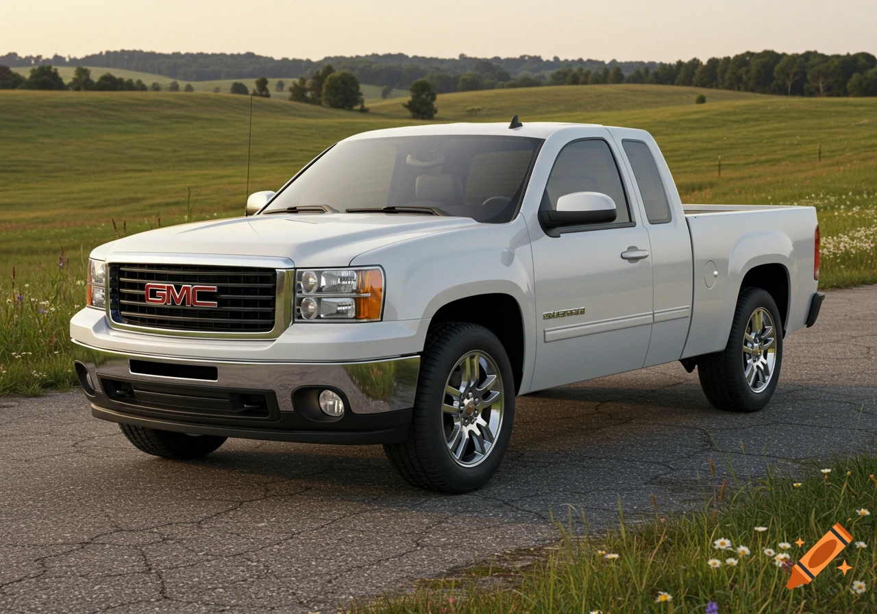 A white GMC Sierra single cab pickup truck parked on an asphalt road in a green field with trees in the background.