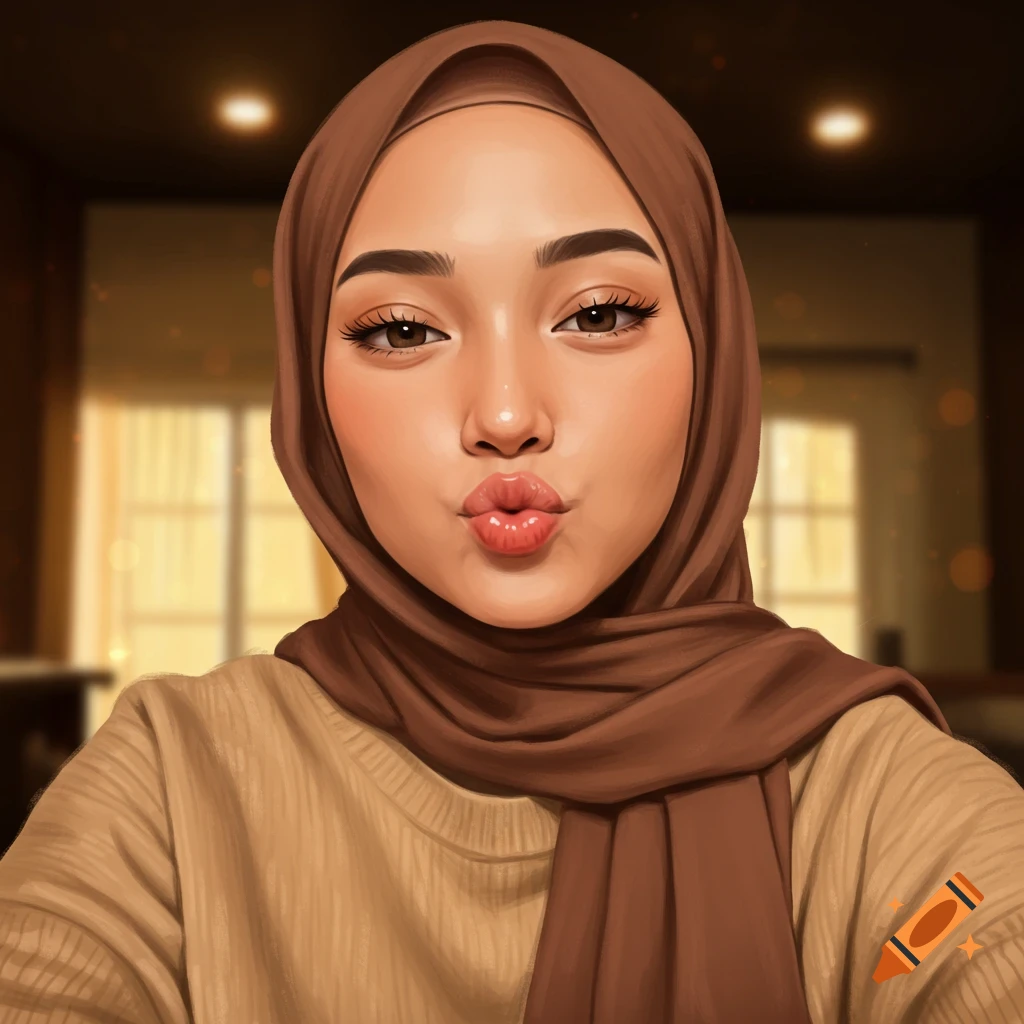 A digital portrait of a young woman in a brown hijab making a kissy face with warm indoor lighting.