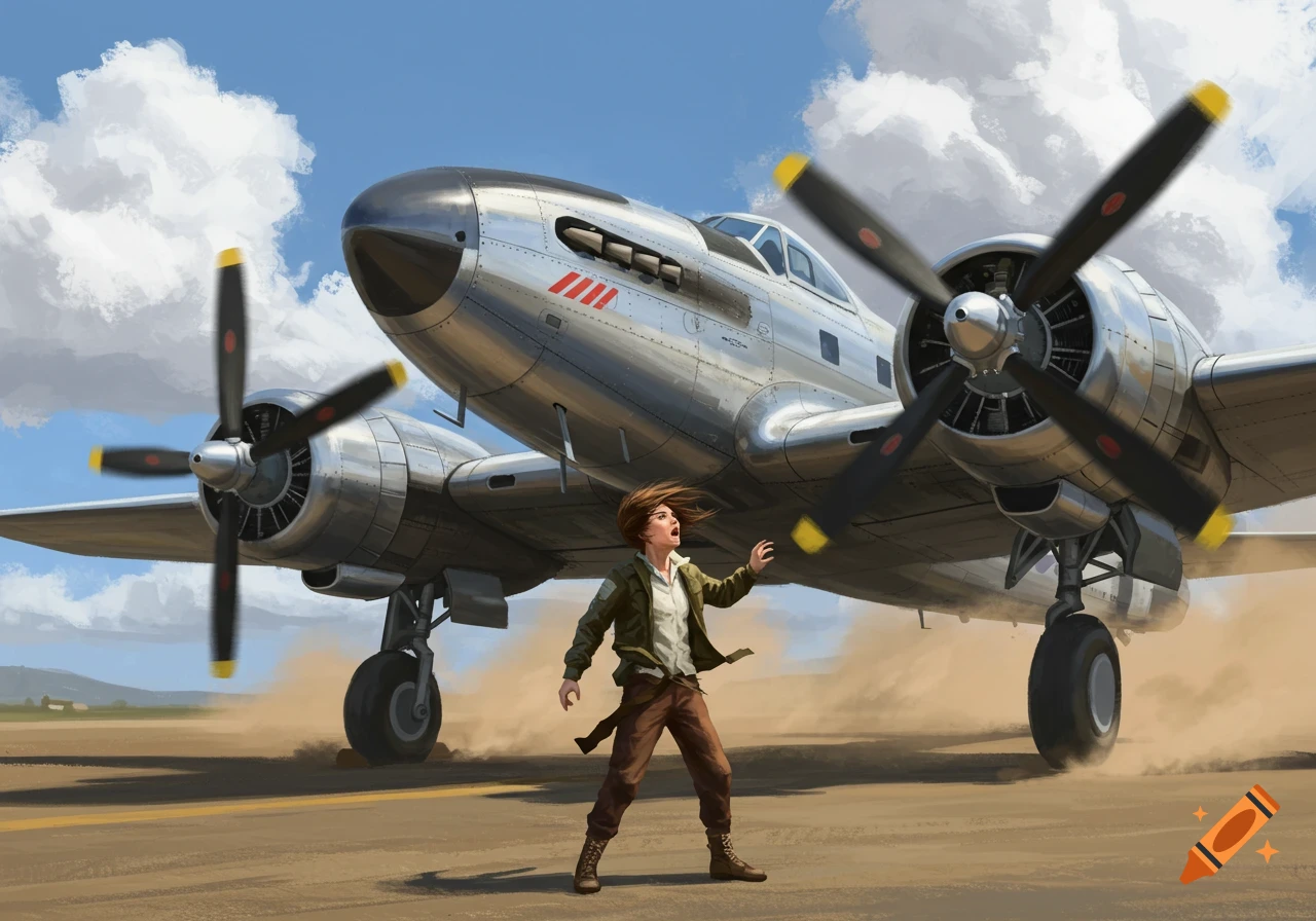 An illustration of a woman startled by the powerful air blast from a large, silver propeller plane on a dusty runway.