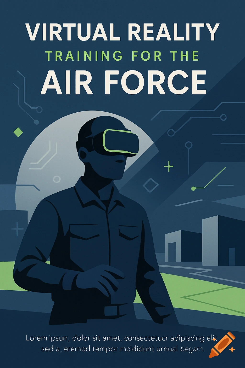 A stylized poster showing a person in dark attire wearing VR goggles, with a backdrop of digital circuits and buildings, promoting virtual reality training for the Air Force.