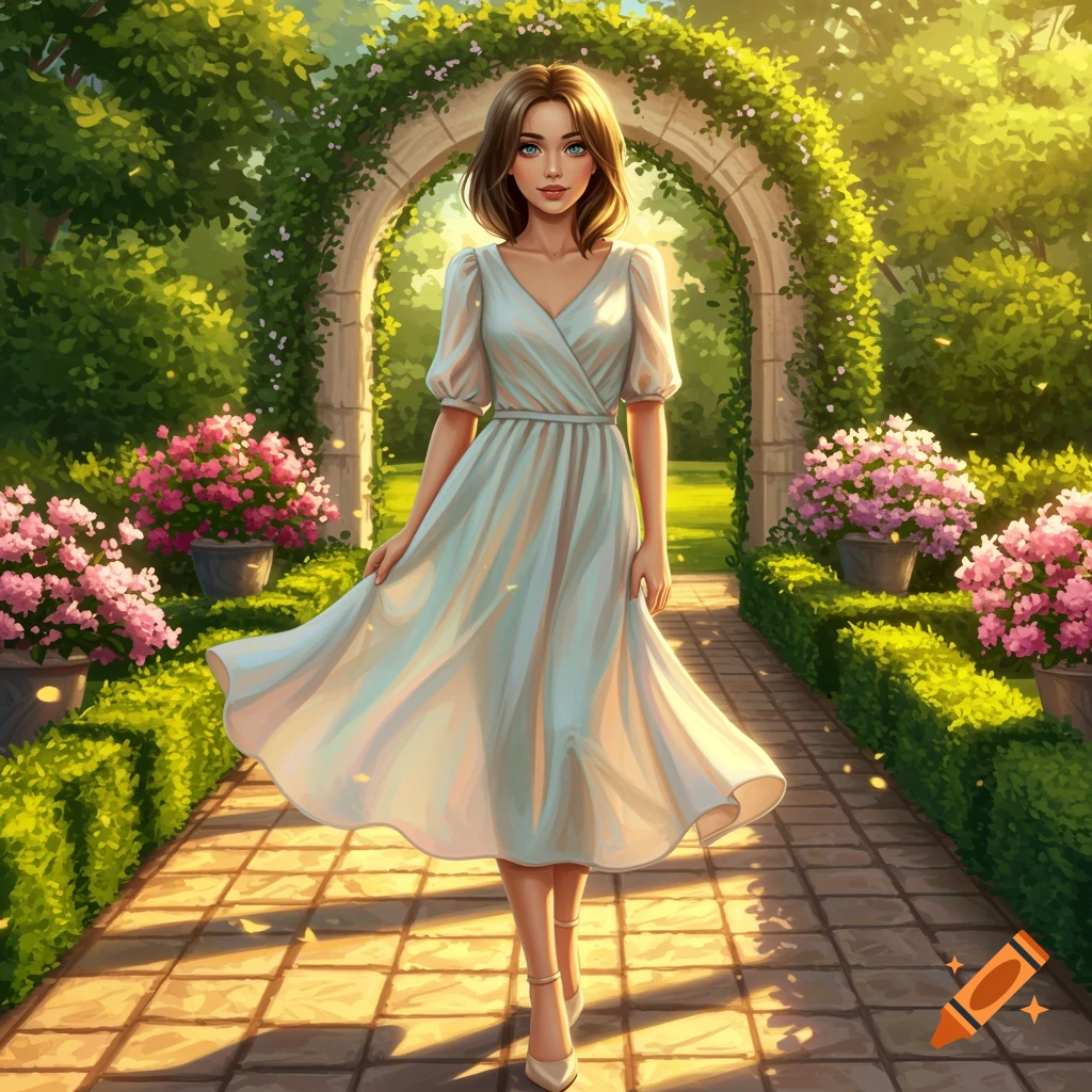 An illustrative image of a young woman in a light dress and heels walking in a sunny garden with an archway and pink flowers.