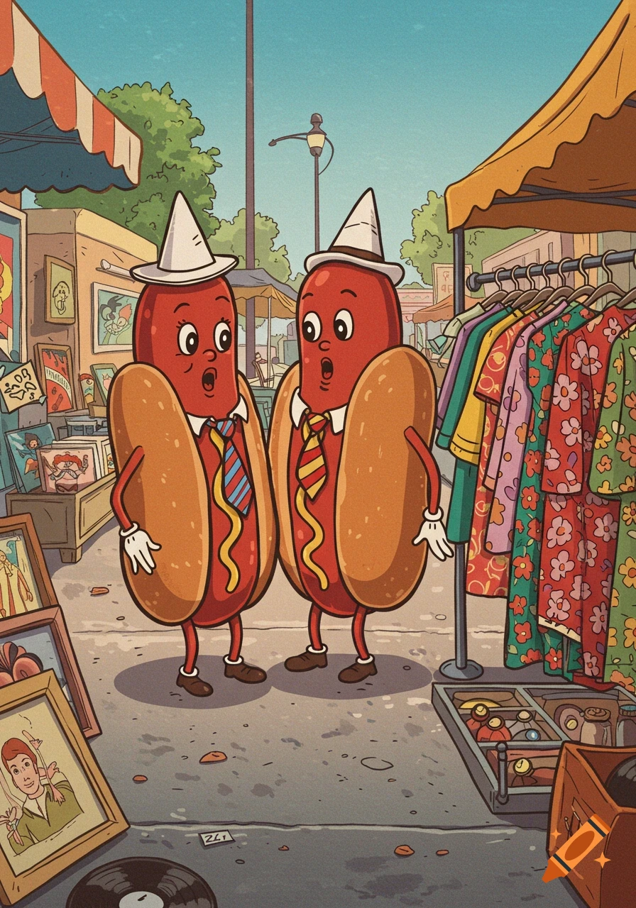 Two anthropomorphic hotdogs in hats and ties look surprised at a thrift market clothes rack in a vintage cartoon style.