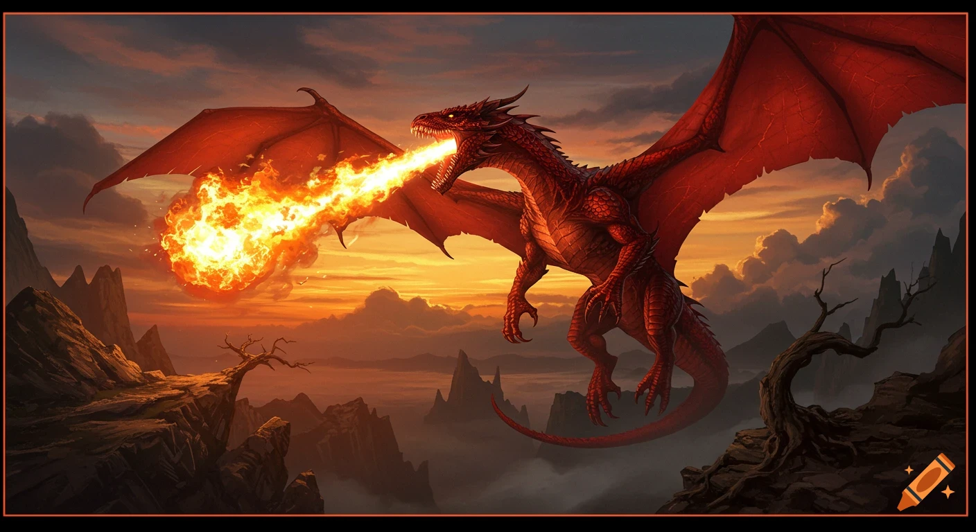 A large red dragon with outstretched wings breathes fire over a mountainous landscape at sunset.