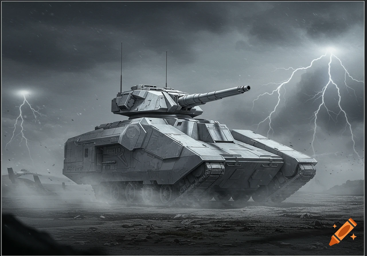 A futuristic military tank with a large gun barrel stands on a barren, dusty plain under a stormy sky with lightning.