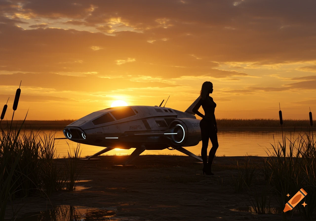 Silhouetted woman beside a sleek spacecraft at sunset by a lake with cattails.