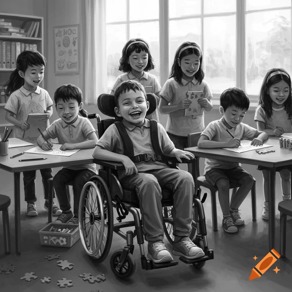 A black and white image of diverse children smiling in a classroom, with one boy happily seated in a wheelchair surrounded by classmates drawing at desks.