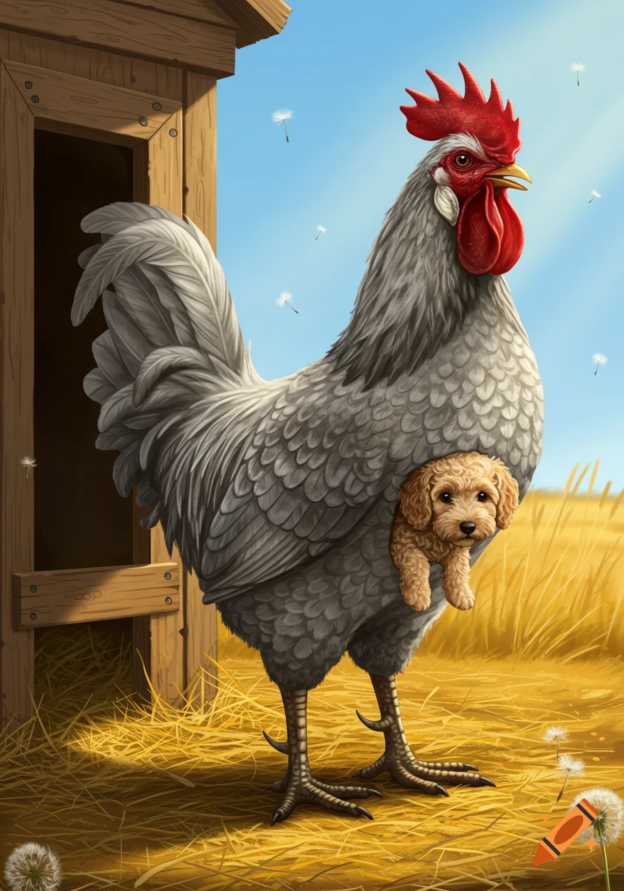 A large grey rooster stands in a field of hay, with a small brown poodle puppy peeking out from its side feathers. Dandelion seeds float in the blue sky.