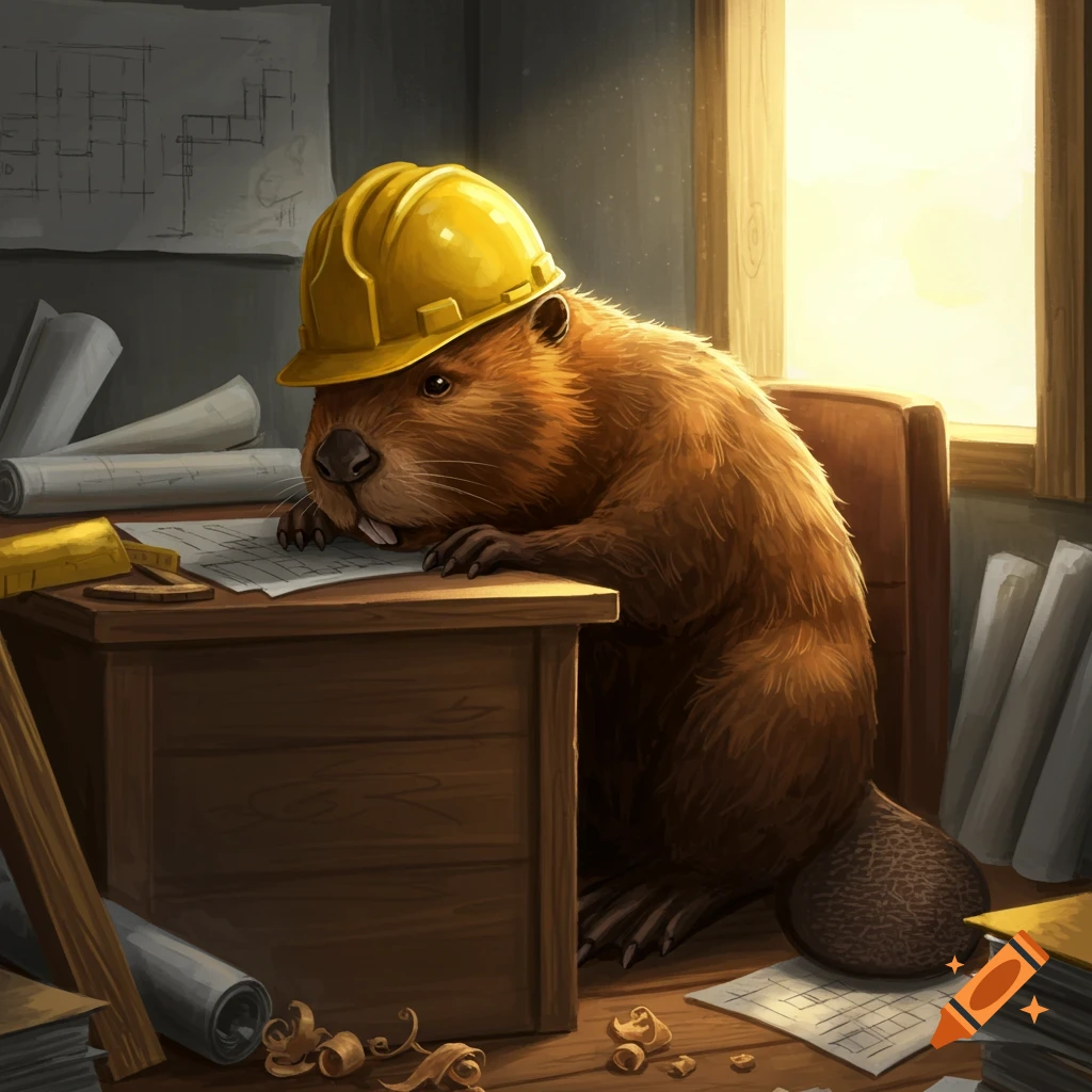 A beaver wearing a yellow hard hat sits sadly at a wooden desk with blueprints and wood shavings, lit by a window.