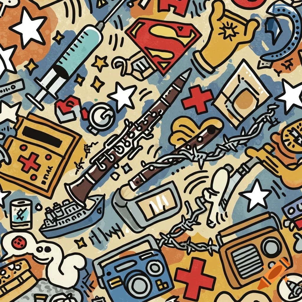 A colorful, crowded Keith Haring-style wallpaper pattern featuring simple, cartoonish outlines of a syringe, stars, Superman crest, barbed wire, clarinets, a red cross, a ship, a radio, and other various objects.