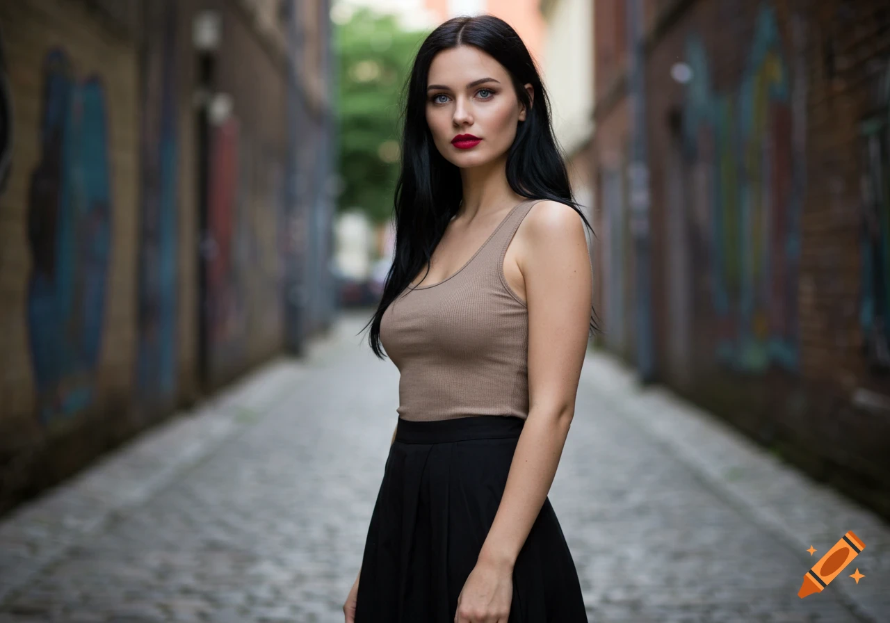 A photorealistic portrait of a woman with long black hair, deep blue eyes, and red lips, wearing a tan tank top and black skirt, standing in a cobblestone alley with graffiti-covered walls.