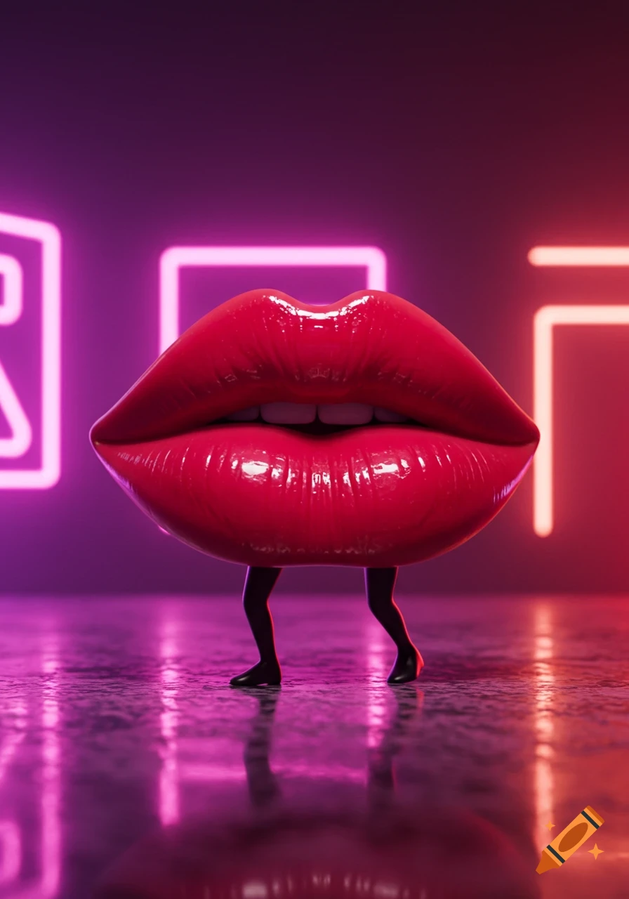 Large glossy red lips with human-like legs walking on a reflective floor, illuminated by pink and red neon lights.