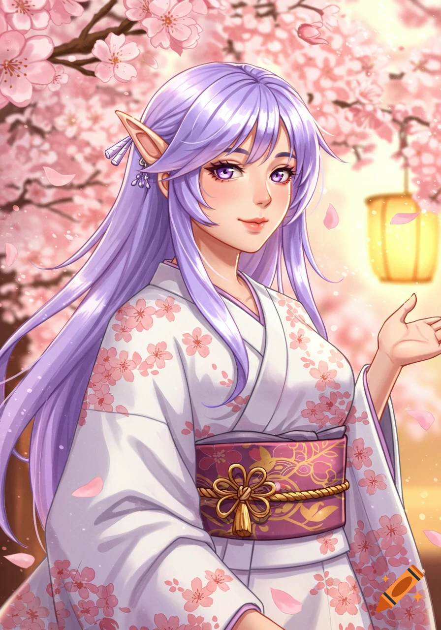 Anime-style elf woman with long purple hair and pointed ears wearing a white kimono with pink cherry blossoms, standing under cherry trees with a lantern.