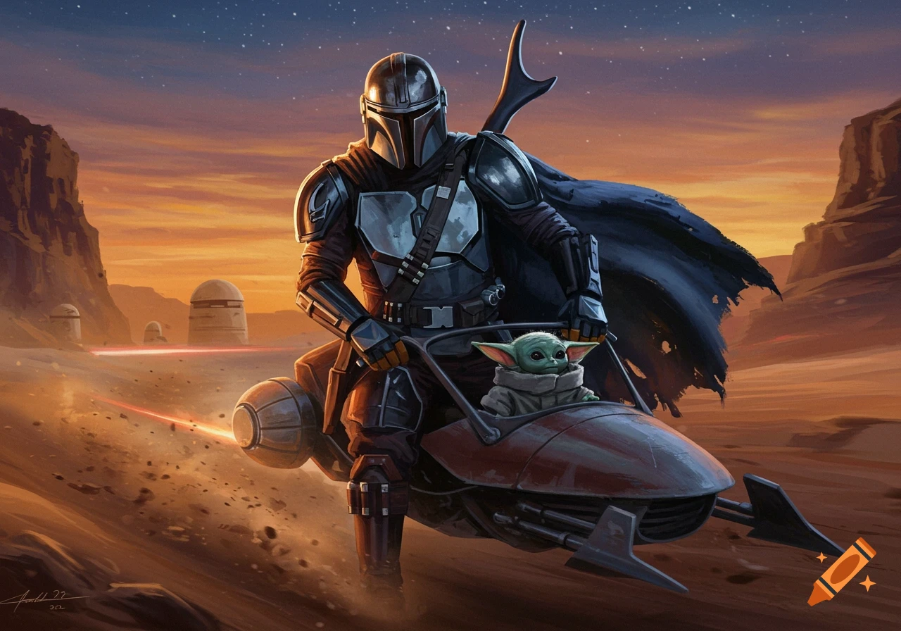 The Mandalorian rides a speeder with Grogu (Baby Yoda) across a desert at sunset, a detailed digital painting.