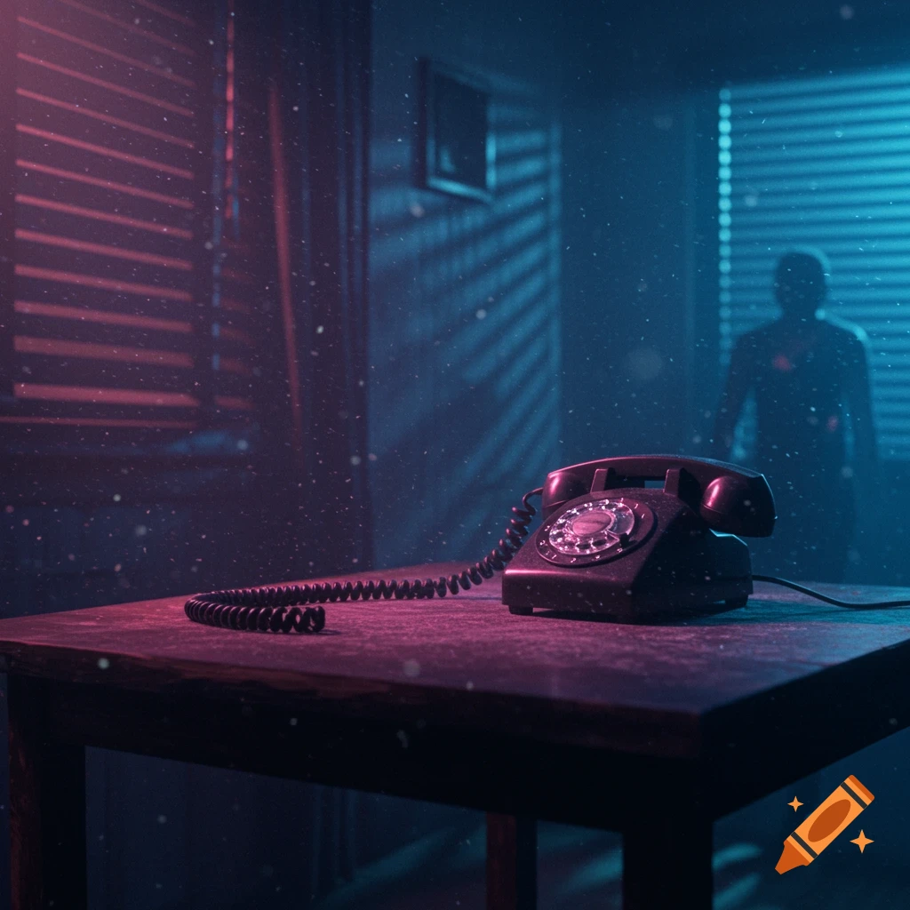 A vintage rotary telephone sits on a wooden table in a dimly lit, moody room with red and blue light and a blurry silhouette in the background.