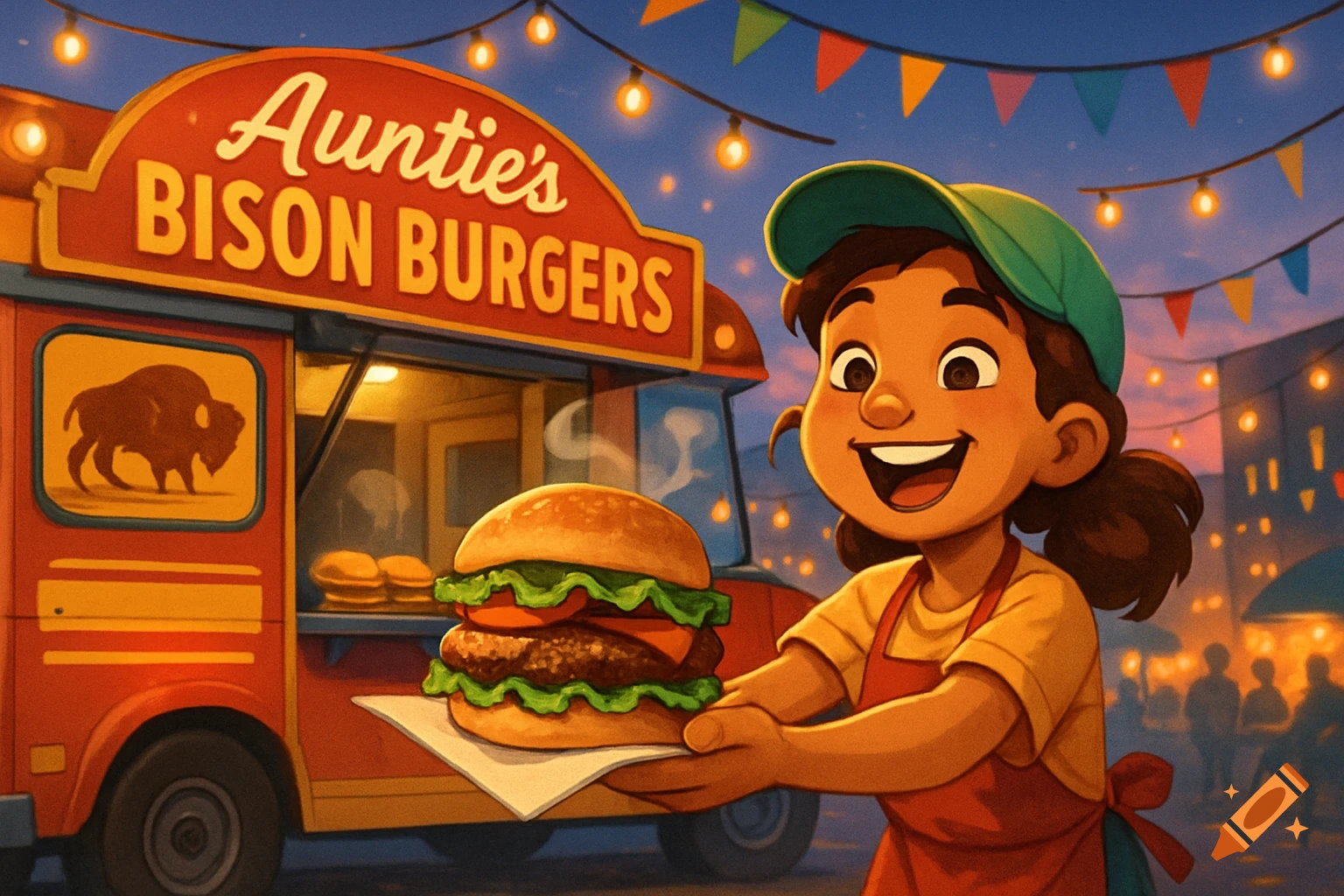 A happy cartoon girl serves a large burger from a red food truck at a festive night market.