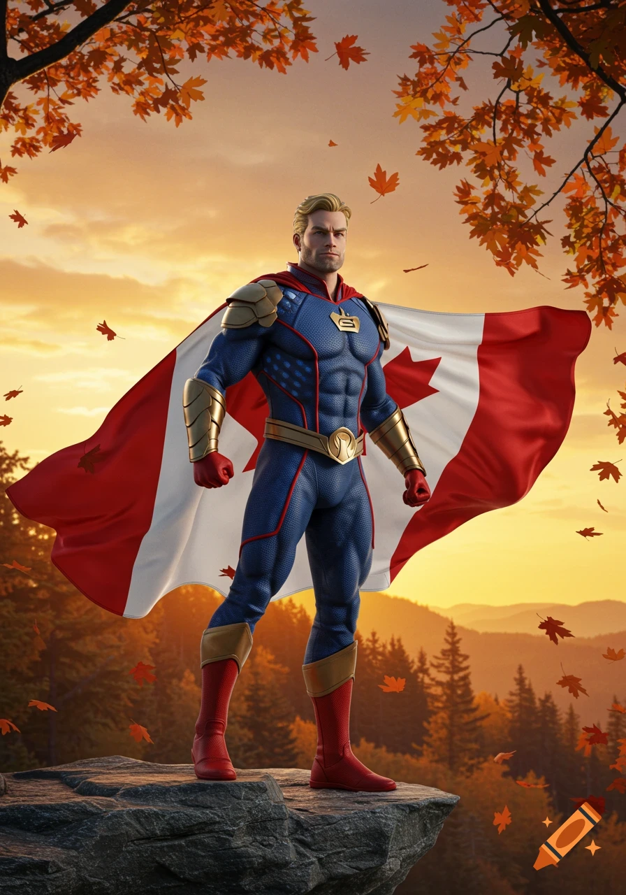 A muscular superhero in a blue, red, and gold suit with a Canadian flag cape stands on a rock amidst falling autumn leaves at sunset.