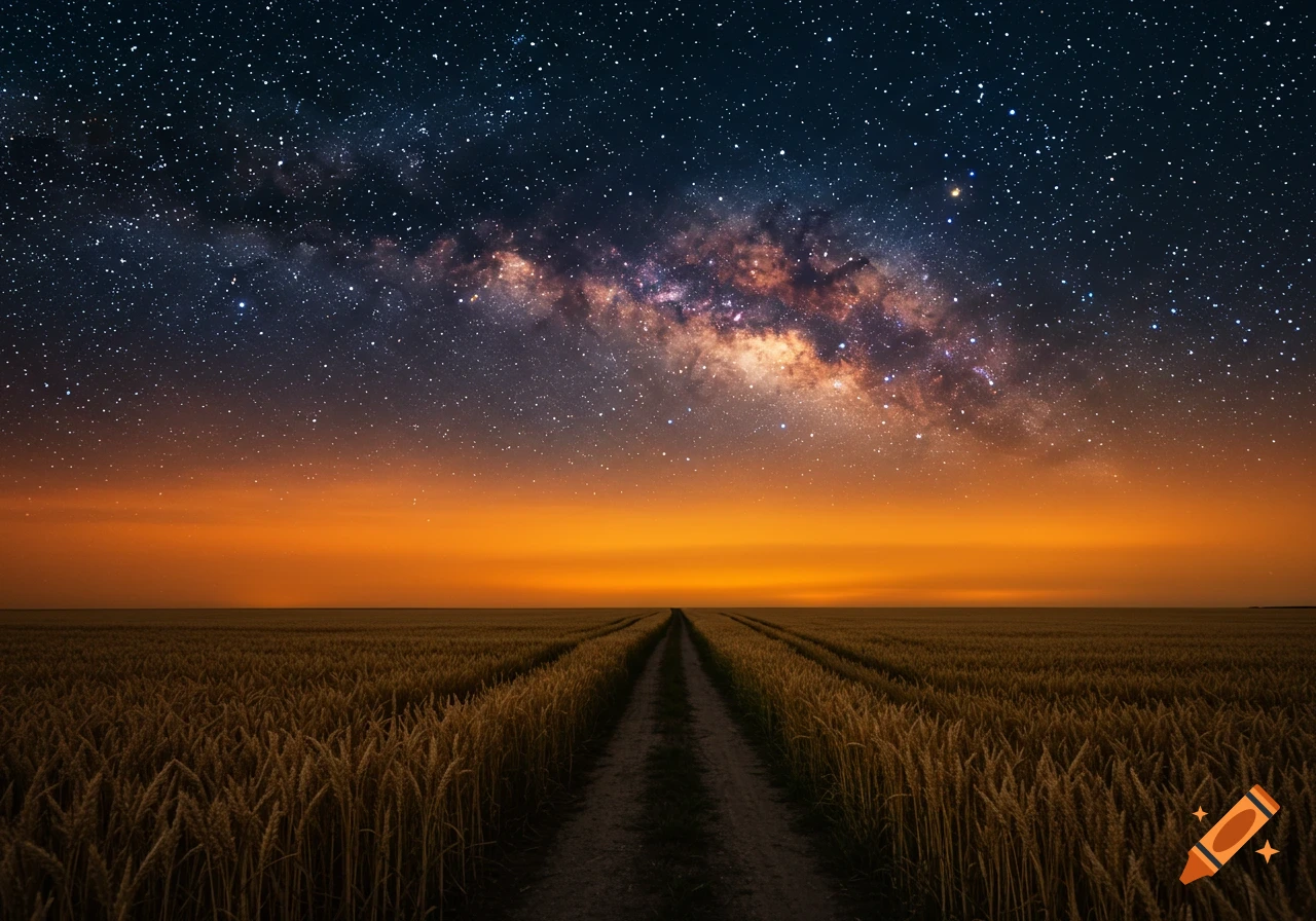 Photorealistic dirt road through a vast wheat field at sunset under a starry night sky with the Milky Way.