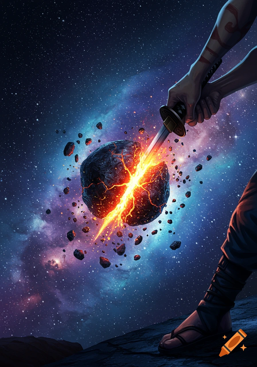 A person's hands wield a glowing sword slicing a fiery meteor in half against a backdrop of stars and nebulae.