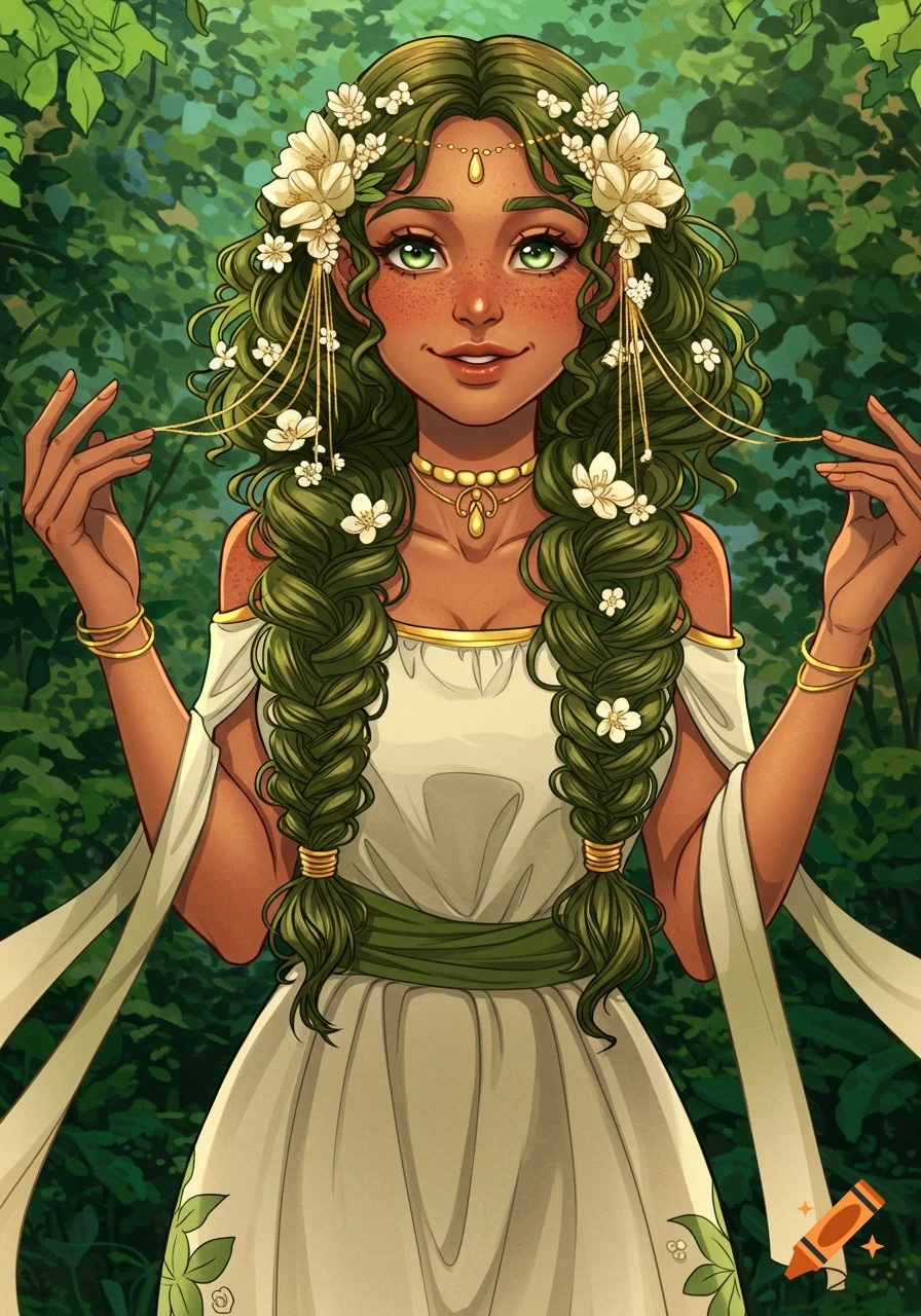 A beautiful woman with green hair and braids, adorned with white flowers and gold jewelry, stands in a lush green forest. Anime style.