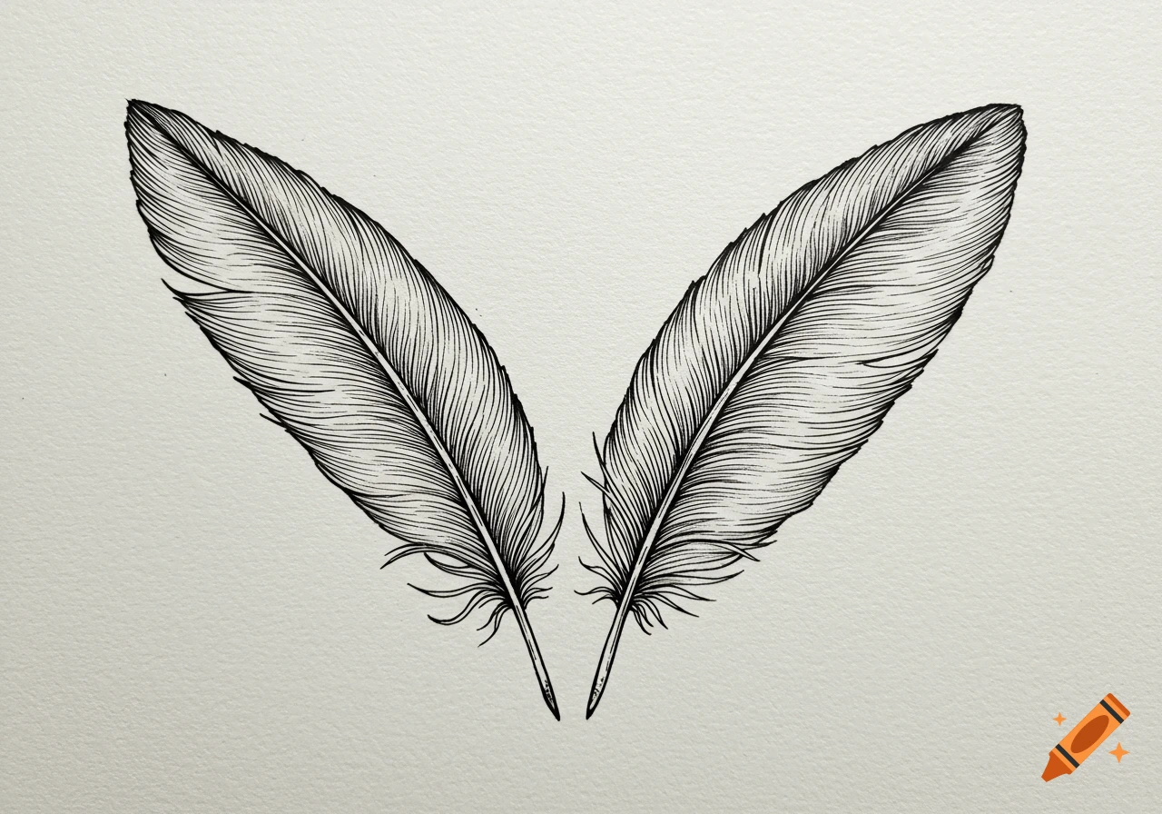 Two black ink drawings of feathers on textured paper, angled to form a V-shape.