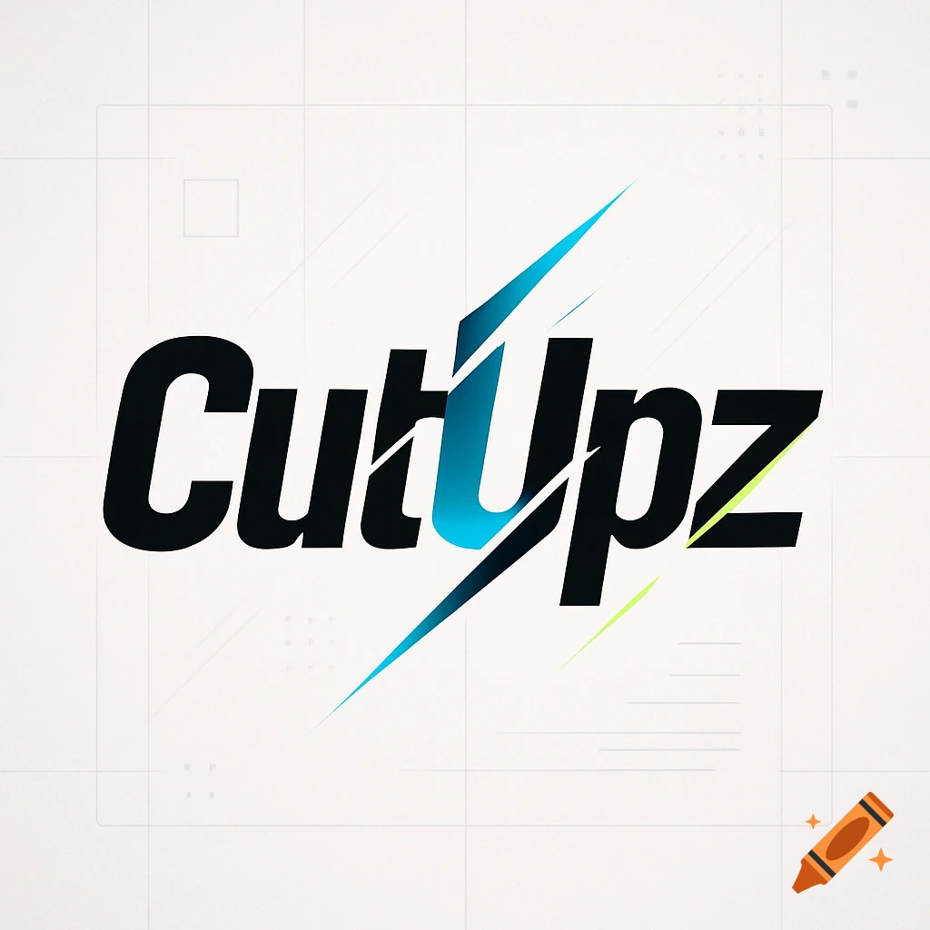A modern logo with the word 'CutUpz' in black, featuring a stylized blue and green 'U' and sharp diagonal slashes.