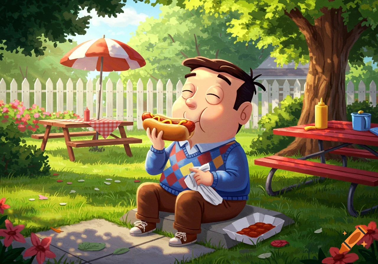 A cartoon man in an argyle sweater happily eats a hot dog in a sunny backyard with a picnic table and white picket fence.