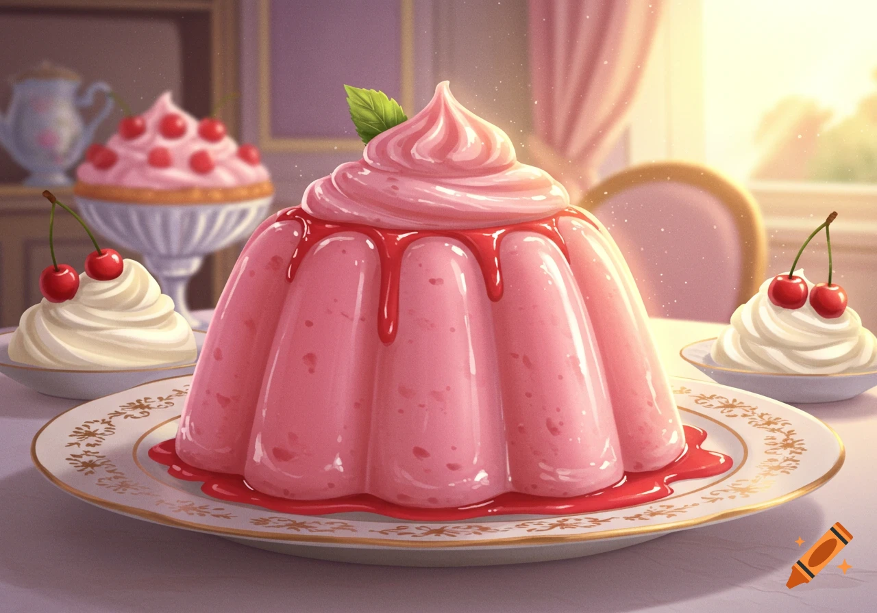 A large pink gelatin dessert topped with whipped cream, red sauce, and a mint leaf, served on an ornate plate, with other desserts in a soft-focus background.
