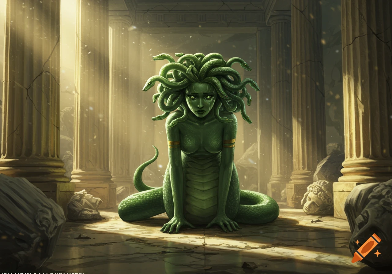 A green-skinned Medusa with snakes for hair sits on the ground in a sunlit ancient ruin, looking down sadly.