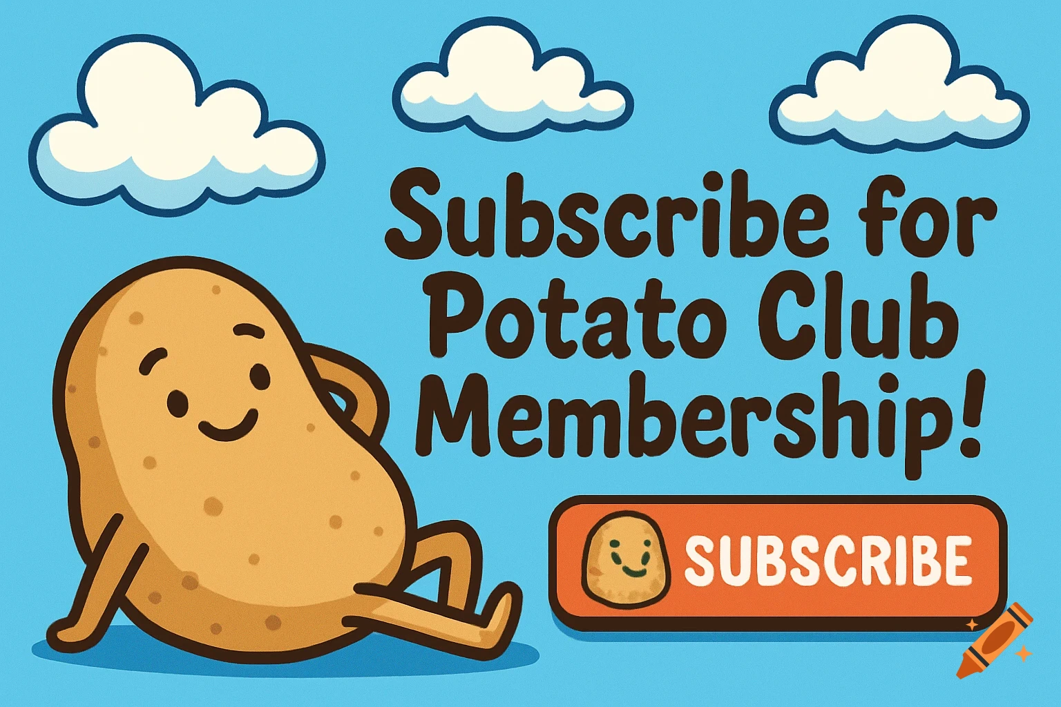 A cartoon potato character lies on a cheerful blue background with cartoon clouds. Large text reads "Subscribe for Potato Club Membership!" and there's an orange "SUBSCRIBE" button with a small potato icon.