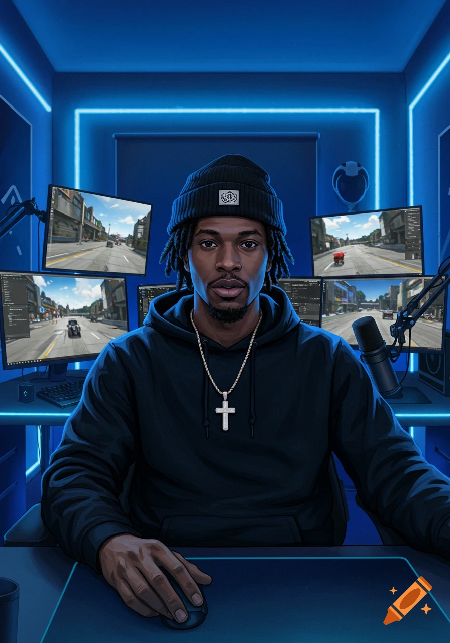 Digital art of an African-American man with dreadlocks and a beanie, wearing a hoodie and cross necklace, at a multi-monitor gaming setup with blue neon lights.