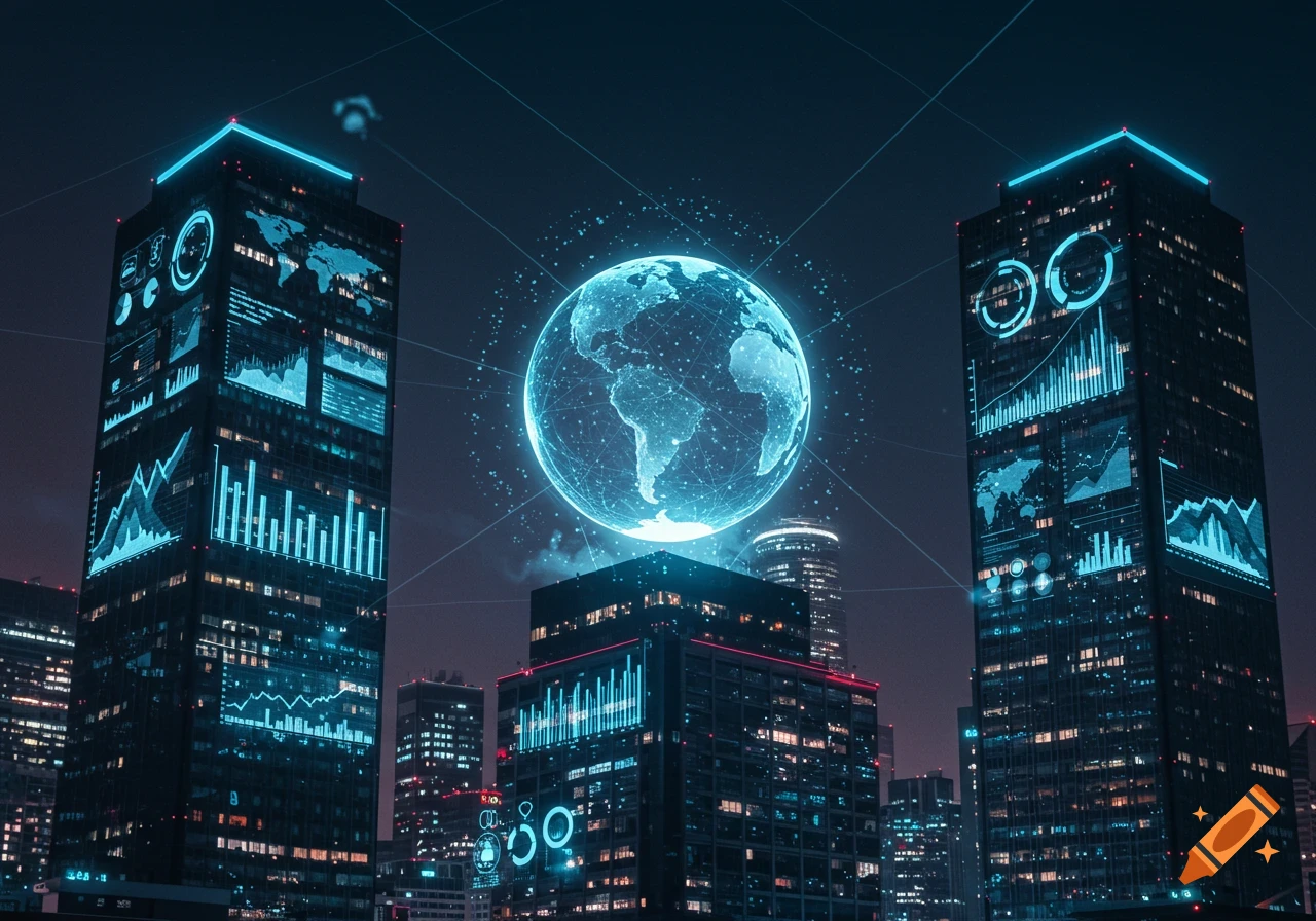 A futuristic night cityscape with glowing blue buildings displaying data visualizations and a large holographic Earth globe.