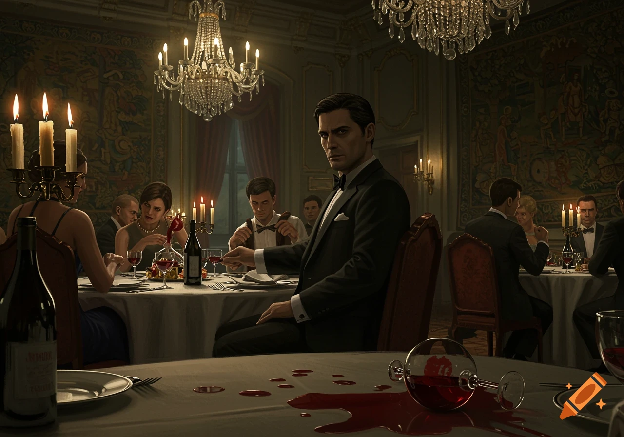 A formal dinner party in a luxurious dining room. A man in a tuxedo looks directly at the viewer, with spilled red wine on the tablecloth in the foreground.