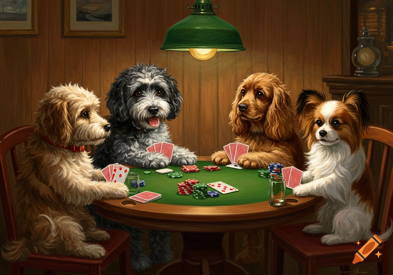 A classic style oil painting of four dogs playing poker around a green table under a lamp in a cozy room.
