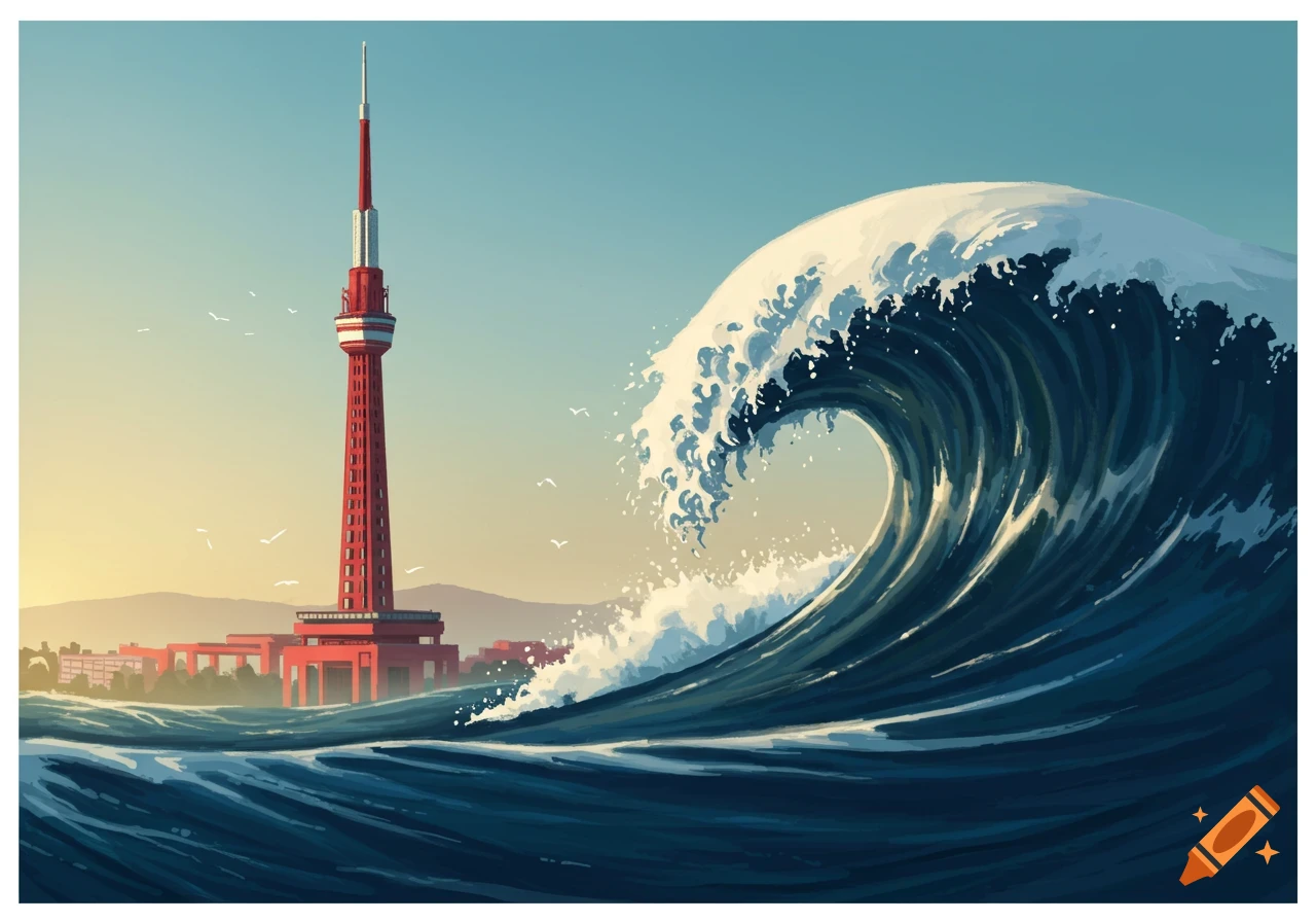 A massive blue ocean wave with white foam towers over a red broadcast tower and city skyline under a clear sky, in a stylized art style.