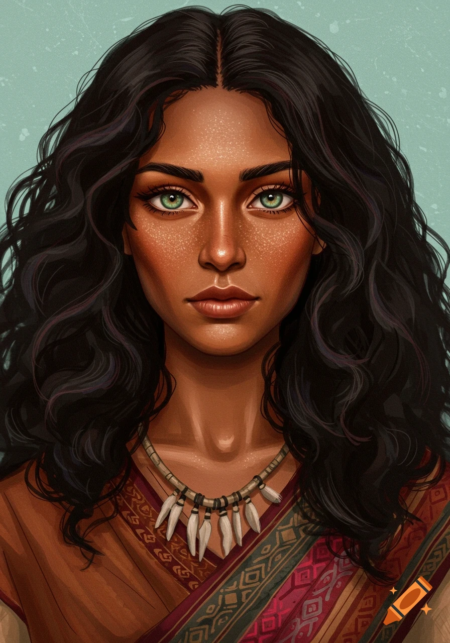 A portrait of a woman with dark wavy hair, green eyes, freckles, and a tribal necklace against a teal background.