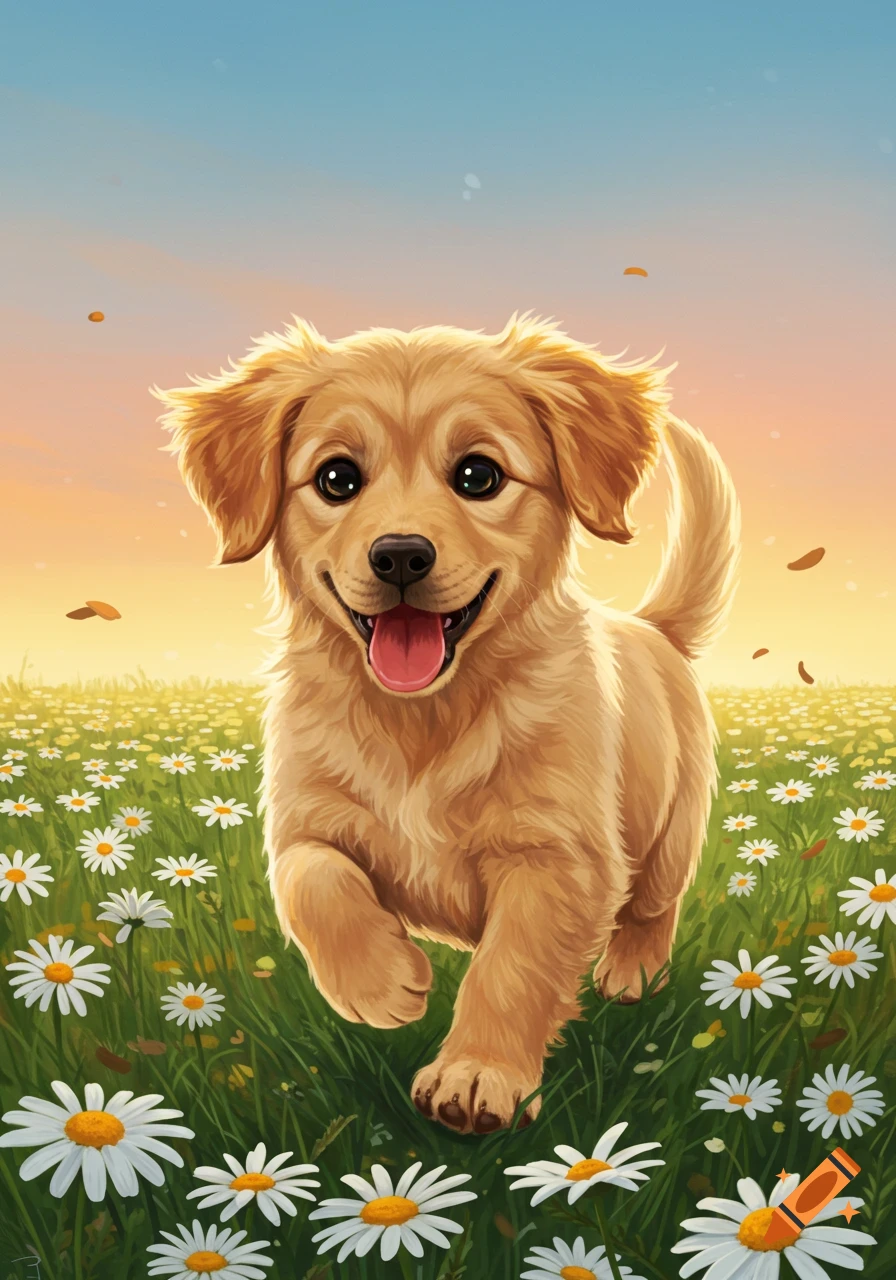 A cute, cartoon-style golden retriever puppy happily runs through a vibrant field of white daisies under a clear sky.