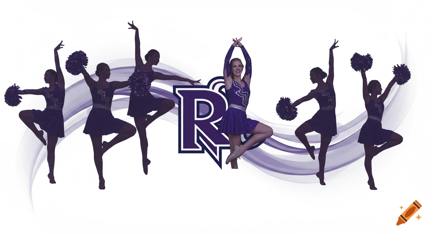 Multiple female dancers in purple costumes with pom-poms pose around a large purple 'R' logo on a white background with abstract purple waves.