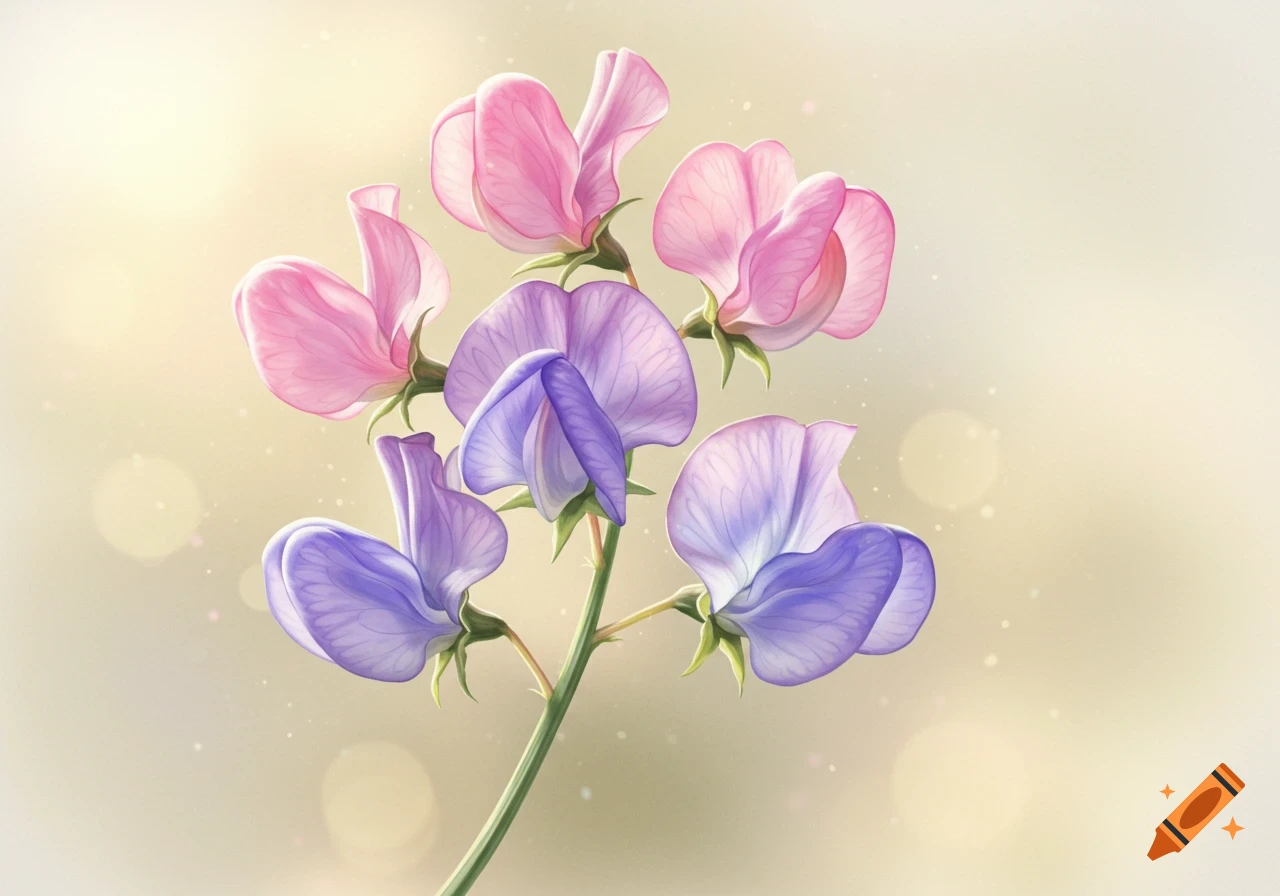 Illustration of pink and purple sweet pea flowers on a stem with a soft, glowing background.