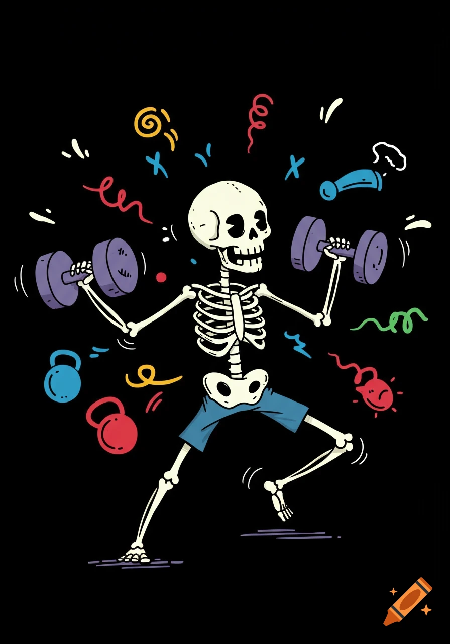 A vibrant cartoon skeleton in blue shorts works out with purple dumbbells on a black background, surrounded by colorful abstract shapes.
